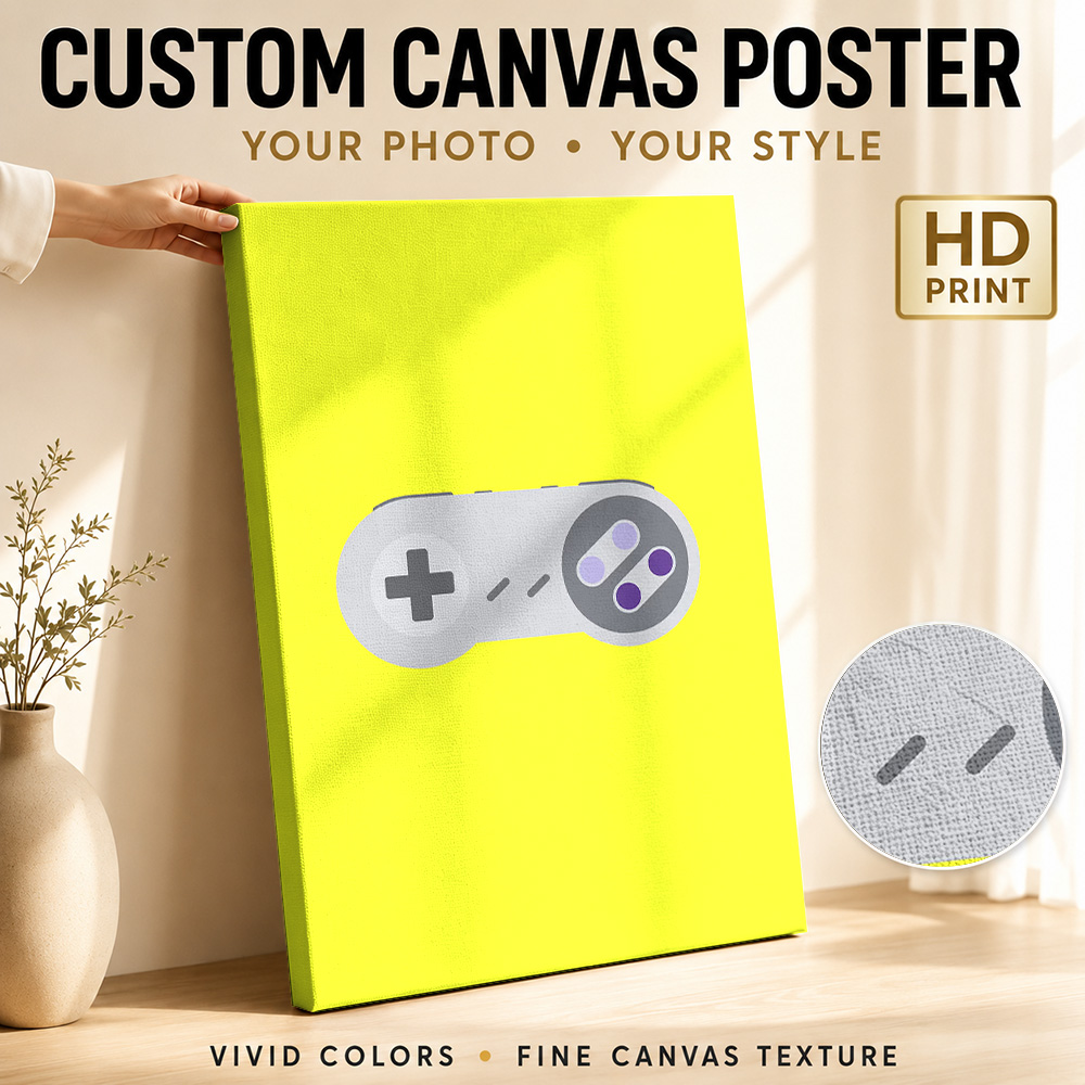 Background Retro Gaming - Retro-Spielcontroller auf gelbem Hintergrund Leinwanddruck Poster
