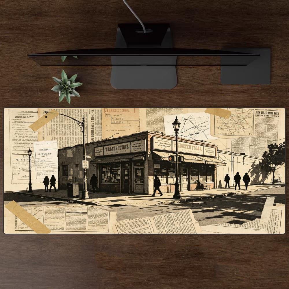 Retro Gaming Shops - Vintage-Straßenszenen-Mauspad: Retro-Zeitungs-Collage mit Fußgängerszene, Schreibtischunterlage für